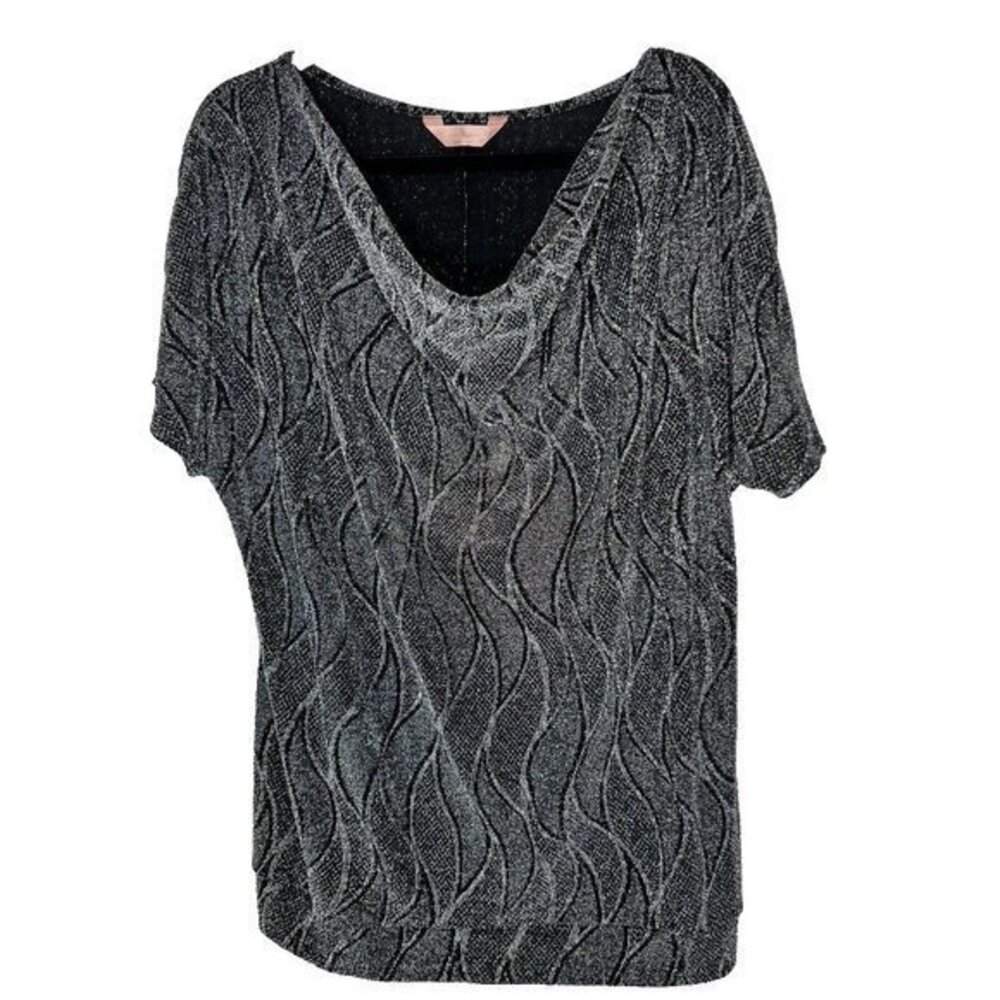 SJS Top Womens 3X Blouse Drape‎ Cowl Neck Metallic Black Silver Dressy